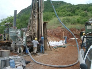 Drillers at the Los Verdes copper project in Mexico produce samples for examination at the site.,