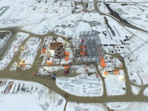 Aerial of plant construction at New Gold's Rainy River gold project.