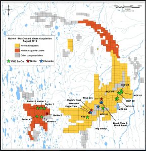 The claims that Noront Resources recently acquired from MacDonald Mines are shown in red.