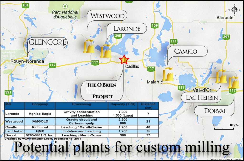 Potential plants for custom milling close to the O'Brien gold project. Credit: Radisson Mining Resources