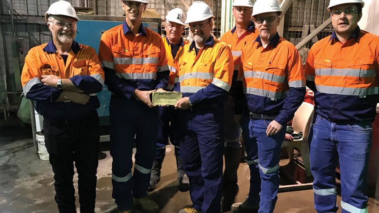The first gold doré bar poured in June 2019 at RNC Minerals' Higginsville gold mill, 60 km south of the Beta Hunt gold mine in Western Australia. Credit: RNC Minerals.