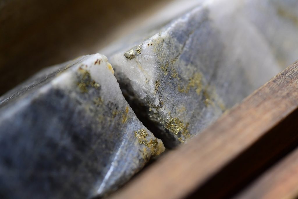 Visible gold in core from First Mining Gold's Goldlund project in Ontario. Credit: First Mining