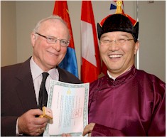 Steve Vaughn (left) and Dr. Galsan Batsukh at the opening of the Mongolian Consulate-General in Toronto