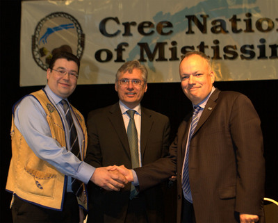 From left to right, Richard Shecapio, Matthew Coon Come (Grand Chief of the Grand Council of the Cree), and Matt Manson (president and CEO of Stornoway. (Photo: Stornoway Diamond Corporation)