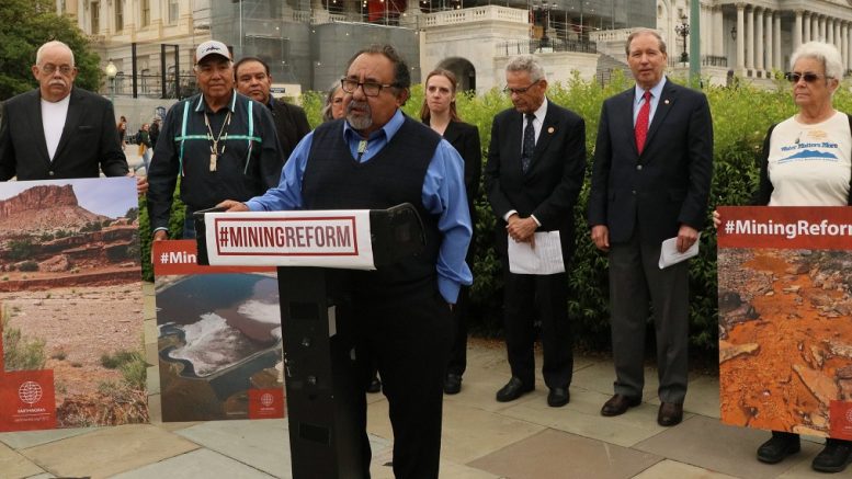 Representative Raúl M. Grijalva (D-Ariz.), chair of the Subcommittee on Energy and Mineral Resources, (at podium) speaking at the Mining Reform Press Conference on May 9, 2019. Credit: U.S. Government.