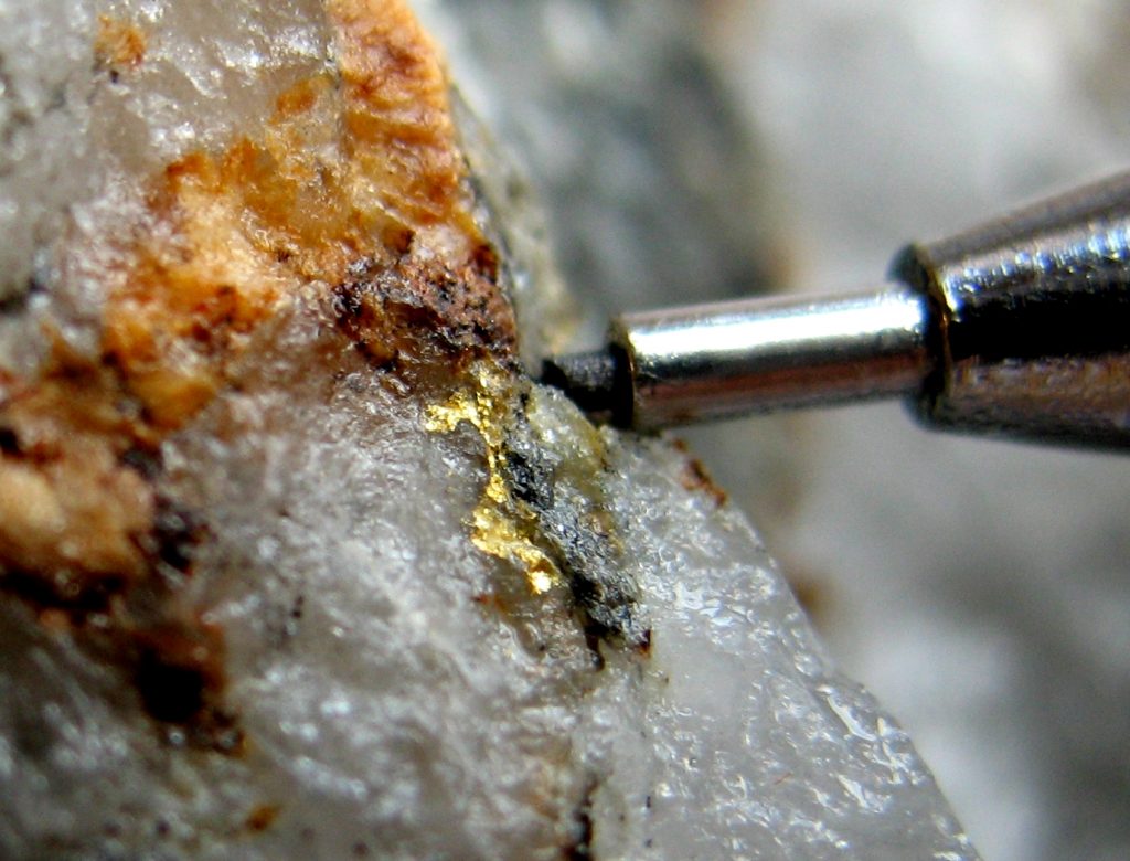 Visible gold in the Riopelle vein from the Pickle Crow gold project in Ontario. Credit: First Mining Gold/PC Gold