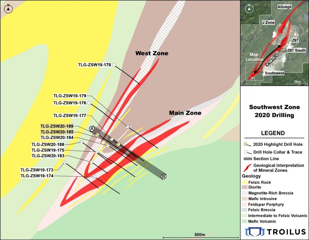 Southwest zone drill plan Credit: Troilus