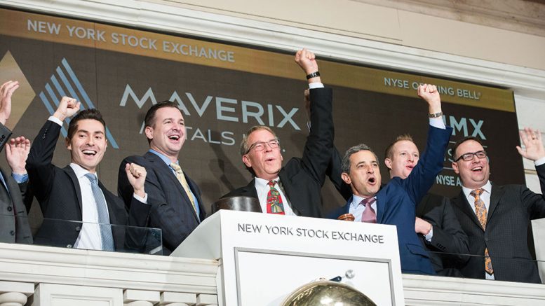 Geoff Burns (centre), Maverix Metals cofounder and chairman, opens the New York Stock Exchange in 2019. Credit: Maverix Metals