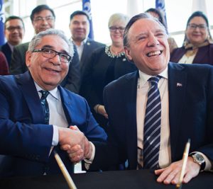 Cree Nation leaders and Quebec Premier Francois Legault at the Grande Alliance signing ceremony in February Credit: Grande Council of the Crees
